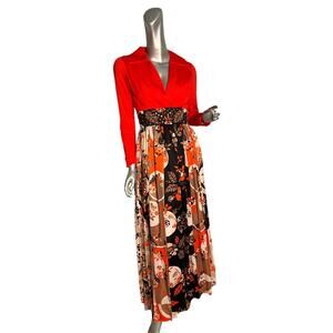 Vintage 1970s Miss Theme Floral Maxi Dress with Jeweled Waistband Small